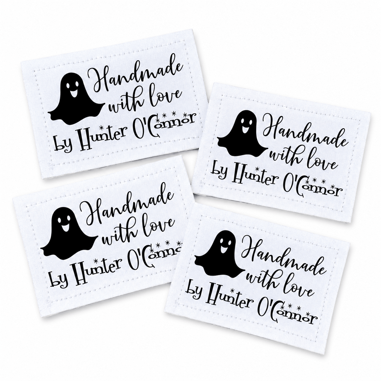 Personalized Ghost Quilt Label, Handmade with Love Halloween Quilt Tag, Custom Maker Name Cotton or Polyester Sew-On Label - Jammin Threads