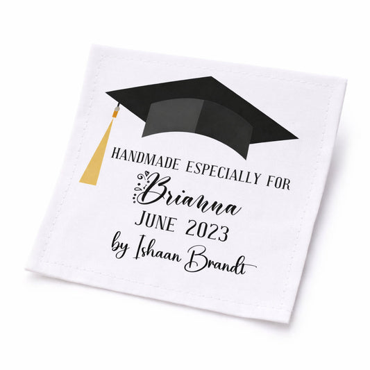 Personalized Graduation Quilt Label – Custom Graduate Name & Date Quilt Label – Graduation Cap Quilt Tag – Sew On Quilt Label – Cotton or Polyester - Jammin Threads