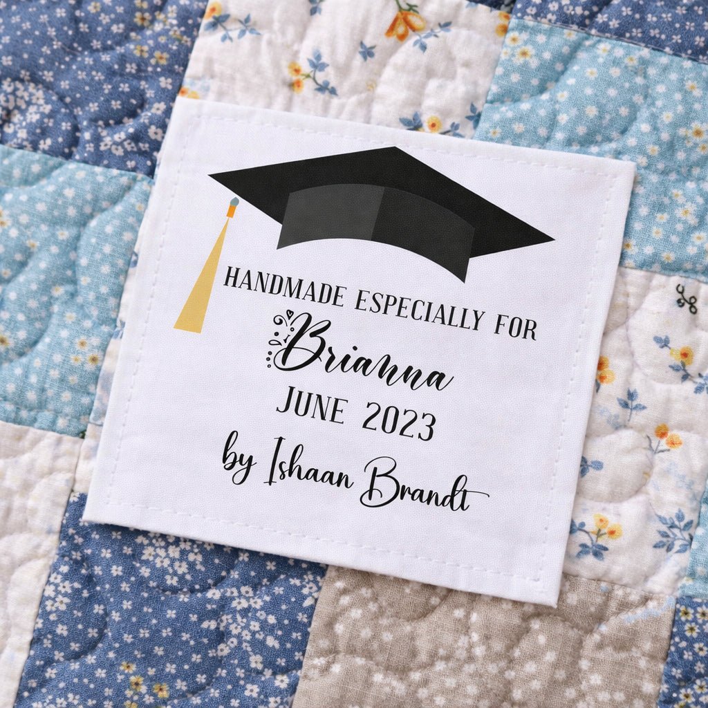 Personalized Graduation Quilt Label – Custom Graduate Name & Date Quilt Label – Graduation Cap Quilt Tag – Sew On Quilt Label – Cotton or Polyester - Jammin Threads