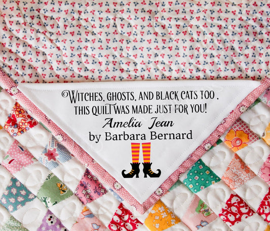 Personalized Halloween Corner Quilt Label – 5x5" with Witch Legs Design - Jammin Threads