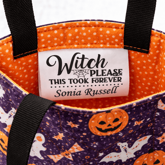 Personalized Halloween Quilt Label Tag – “Witch, This Took Forever” – Custom Satin Sew - In Tag – Set of 25 - Jammin Threads
