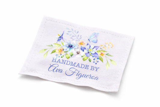 Personalized Handmade By Quilt Label with Flowers and Butterfly – Custom Quilt Label with Maker Name – Cotton or Polyester Sew - On Quilt Tags (6 per Sheet) - Jammin Threads