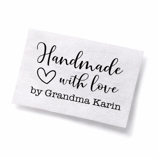Personalized “Handmade with Love” Quilt Labels – Custom Maker Name Fabric Labels – 9 per Sheet – Cotton or Polyester - Jammin Threads