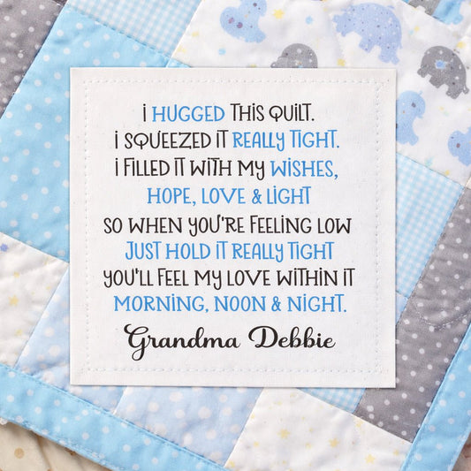 Personalized “I Hugged This Quilt” Poem Quilt Label – Custom Quilt Label with Maker Name – Cotton or Polyester – 2.75" x 2.25" – Sheet of 6 - Jammin Threads