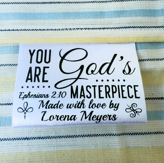Personalized Inspirational Satin Quilt Tag – Ephesians 2:10| Religious Tags - Jammin Threads