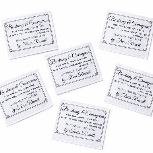 Personalized Joshua 1:9 Quilt Labels – “Be Strong and Courageous” Bible Verse Quilt Label – Christian Quilt Label with Maker Name – 6 Labels - Jammin Threads