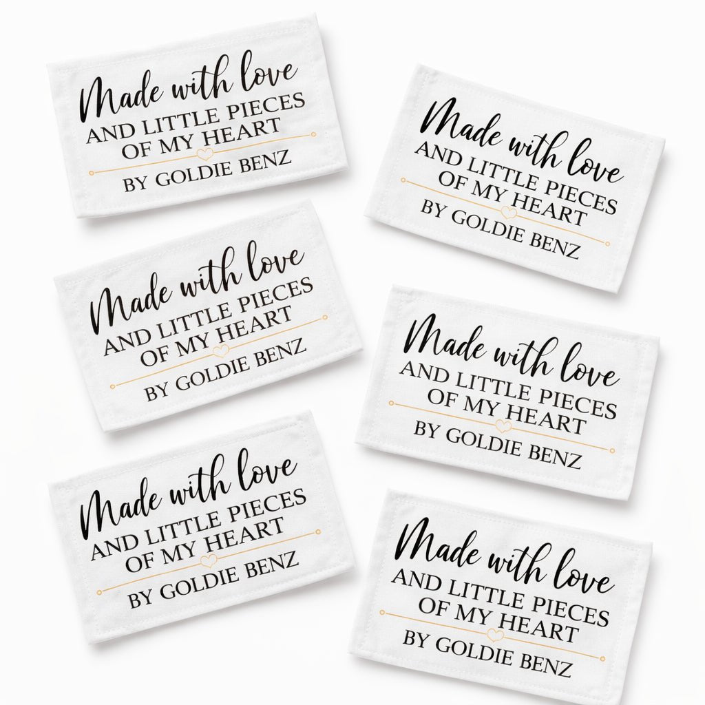 Personalized “Made With Love and Little Pieces of My Heart” Quilt Label – Custom Quilt Label with Maker Name – Sew - On Quilt Labels 2.5 x 1.5" (8 per Sheet) - Jammin Threads