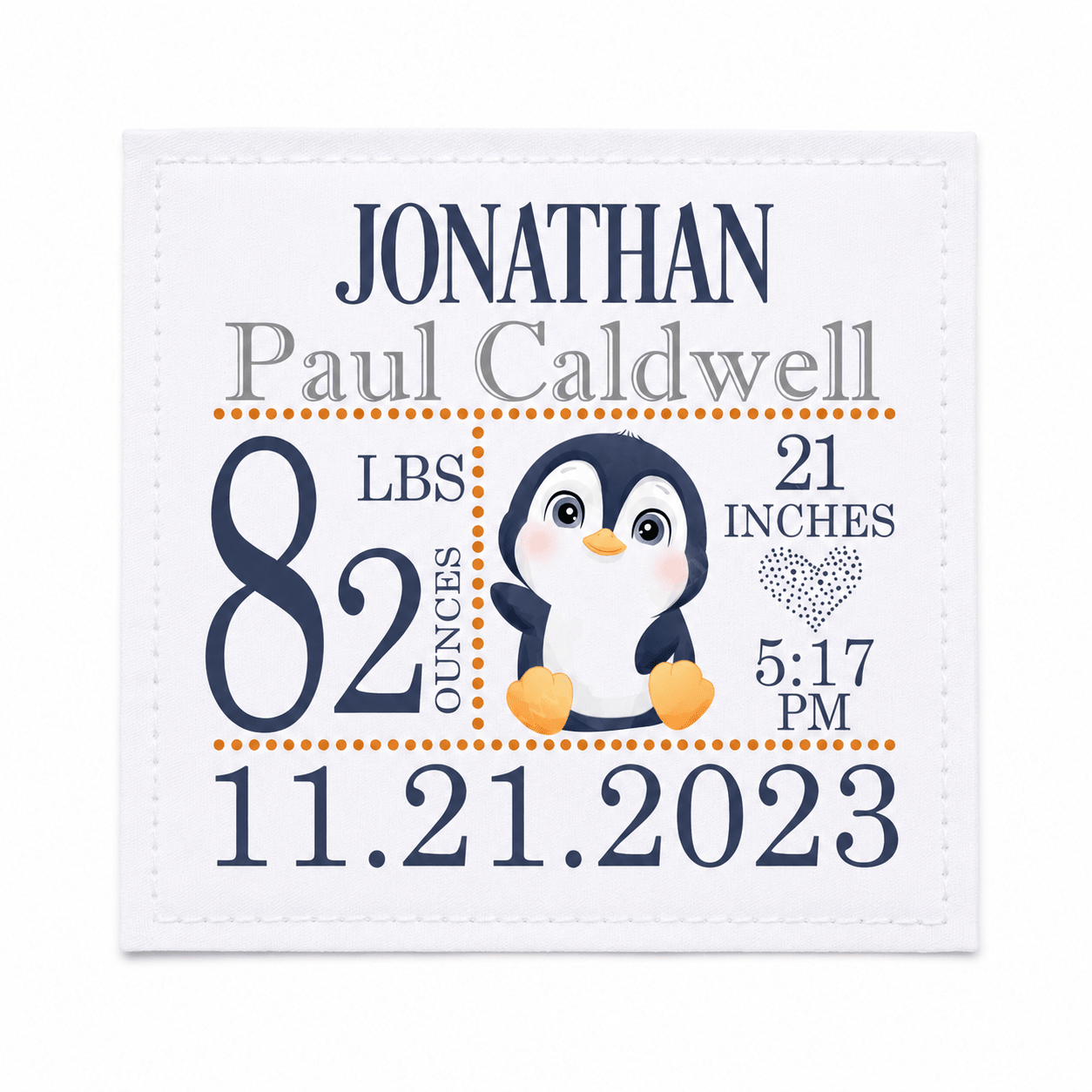 Personalized Penguin Baby Quilt Label | Birth Announcement Quilt Label with Baby Stats | Custom Baby Quilt Tag - Jammin Threads