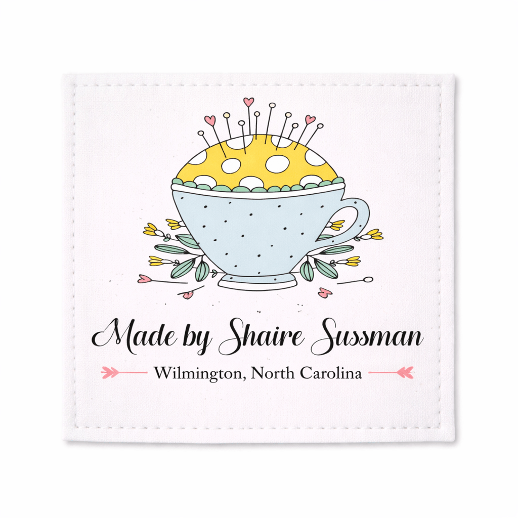 Personalized Pincushion Quilt Labels – Teacup Sewing Design Custom Quilt Label with Name, 2.25” Square Fabric Labels (Set of 6) - Jammin Threads