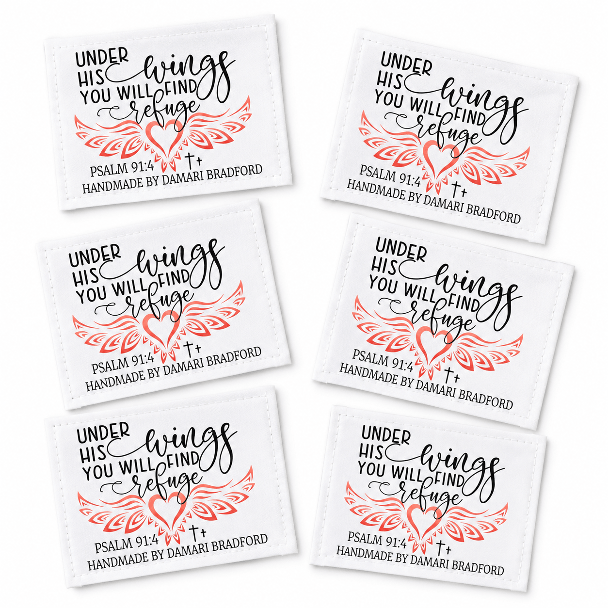 Personalized Psalm 91:4 Quilt Label – “Under His Wings You Will Find Refuge” – Christian Quilt Tag – 6 Per Sheet – 3” x 2.25” Cotton or Poly - Jammin Threads