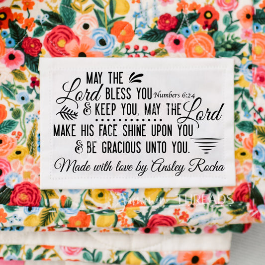 Personalized Quilt Label – Numbers 6:24 Bible Verse | “May the Lord Bless You” | 8 Cotton Labels per Sheet - Jammin Threads
