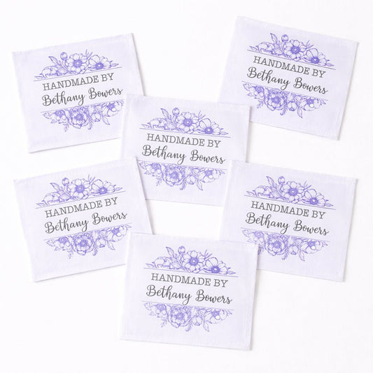 Personalized Quilt Labels with Purple Floral Frame – Handmade By Custom Name – Set of 6 Fabric Quilt Labels - Jammin Threads