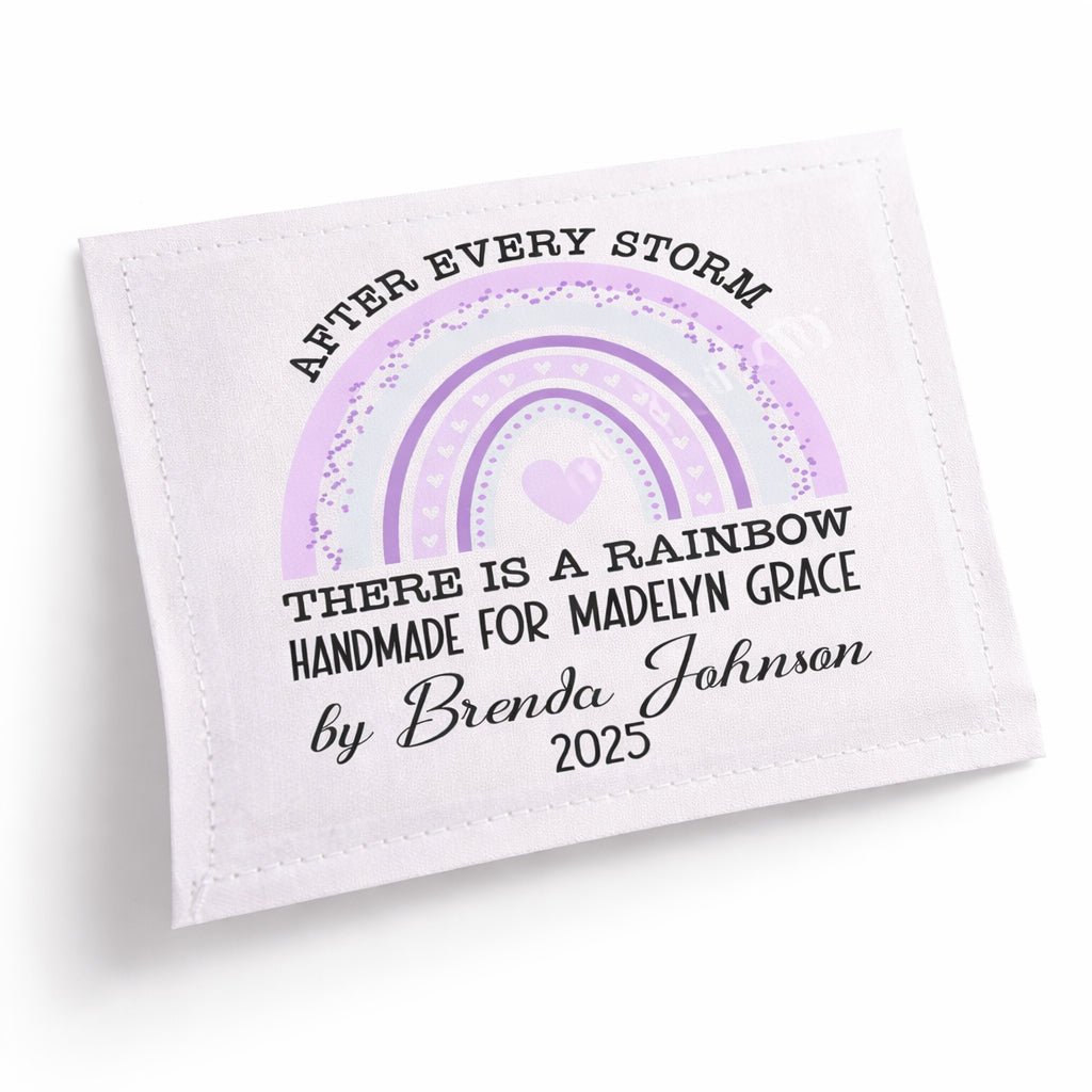 Personalized Rainbow Quilt Label – “After Every Storm There is a Rainbow” – Custom Name, Date & Maker – Cotton or Polyester Fabric Tag - Jammin Threads