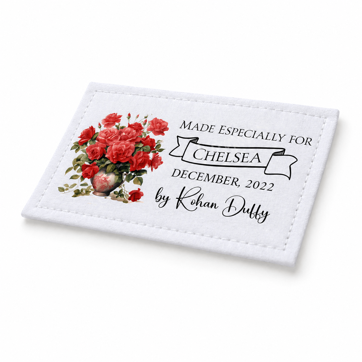 Personalized Red Rose Quilt Label – Custom Name, Date & Maker | Floral Quilt Label Tag | Cotton or Polyester 4” x 1.75” - Jammin Threads