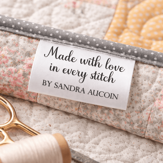 Personalized Satin Quilt Labels – Made with Love in Every Stitch – Custom Fold Over Quilt Tags (Set of 25) - Jammin Threads
