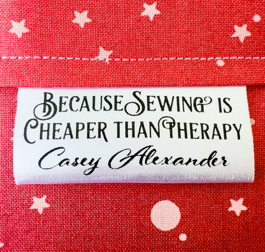 Personalized Satin Quilt Tag – “Because Sewing is Cheaper Than Therapy” (2x.1") - Jammin Threads