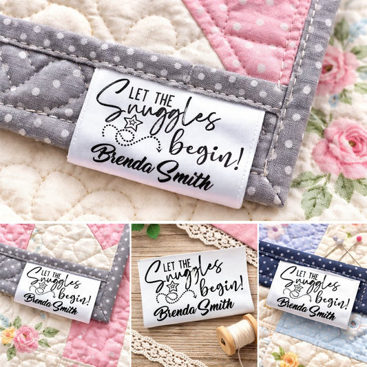 Personalized Satin Quilt Tag – “Let the Snuggles Begin” – Custom Quilt Label with Maker Name – Fold Over Sew - In Satin Tag – 2 x 1 Inch - Jammin Threads