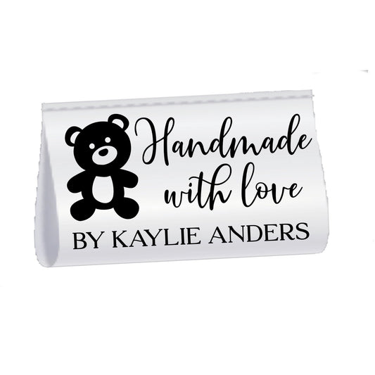 Personalized Satin Quilt Tag with Teddy Bear – Handmade with Love Label, Custom Sew - In Tag with Name, Fold Over Quilt Label - Jammin Threads
