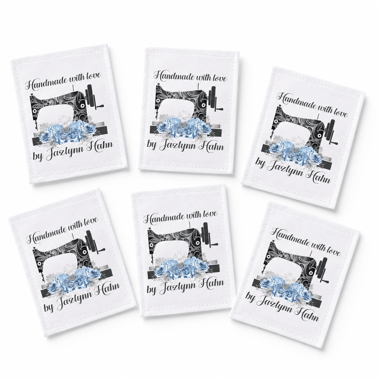 Personalized Sewing Machine Blue Floral Quilt Label | Custom Handmade Fabric Label - Jammin Threads