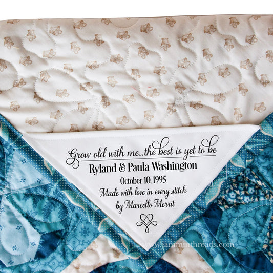 Personalized Wedding Corner Quilt Label – “Grow Old With Me” | 5” Custom Anniversary Quilt Label | Cotton or Polyester - Jammin Threads