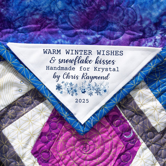 Personalized Winter Quilt Label – “Warm Winter Wishes and Snowflake Kisses” – 5x5" Corner Tag - Jammin Threads
