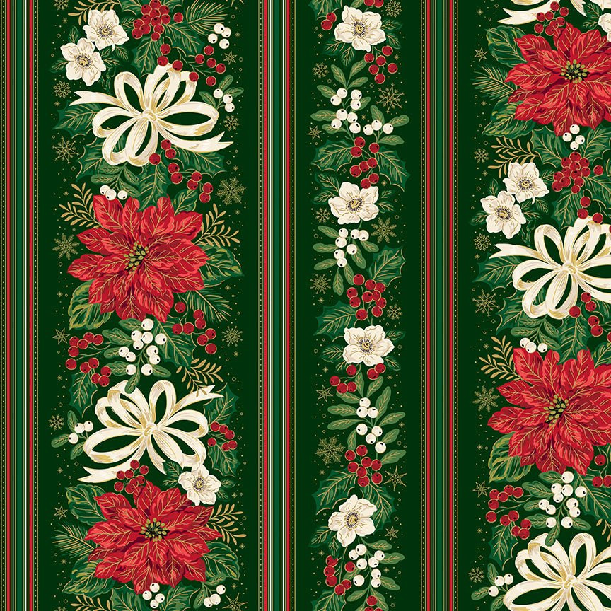 Poinsettias at Christmas Quilt Fabric Border Strip Green Foil CF17637-GREEN - Jammin Threads