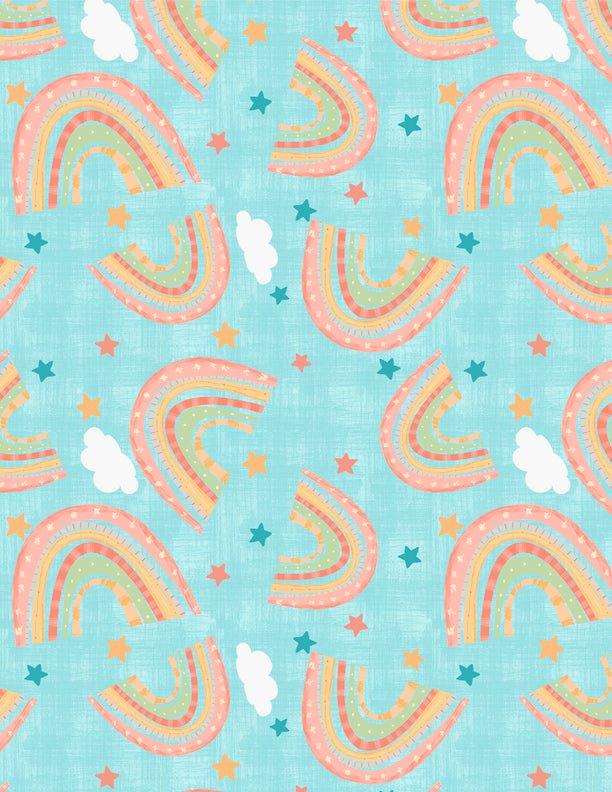 Rainbow Dreams Quilt Fabric Rainbows Toss Blue by Jenny Faw 3073 43020 435 - Jammin Threads