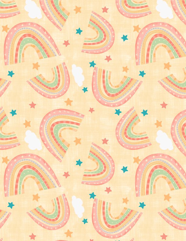 Rainbow Dreams Quilt Fabric Rainbows Toss Yellow by Jenny Faw 3073 43020 535 - Jammin Threads