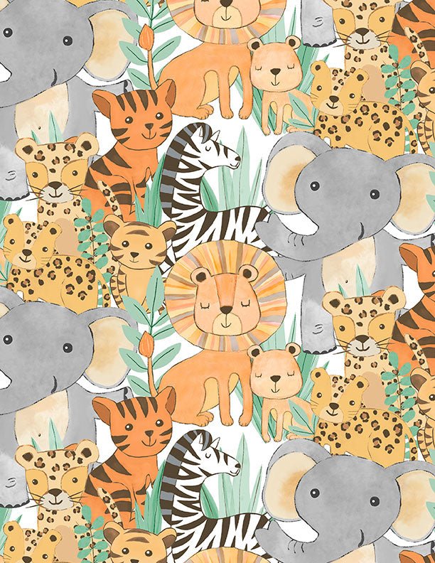 Safari Snuggles Baby Quilt Fabric Animals All Over White by Jenny Faw 3073 - 42028 - 187 - Jammin Threads