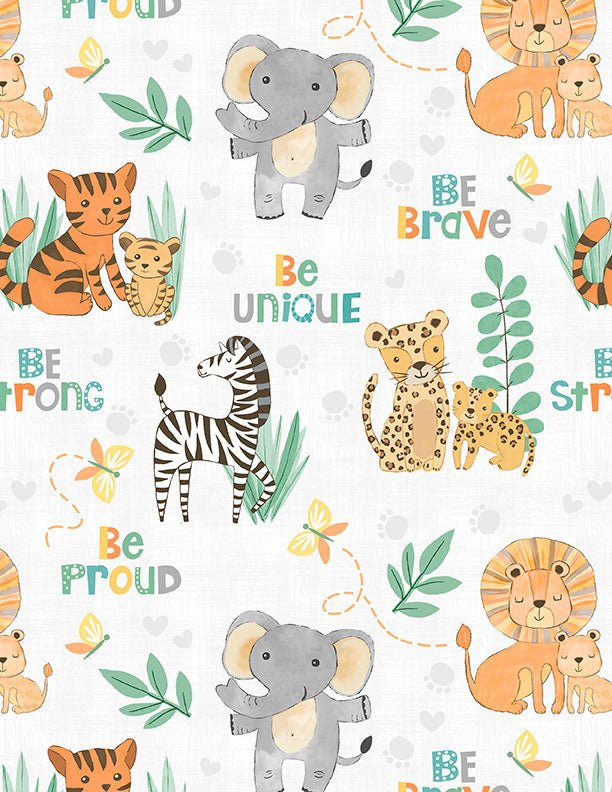Safari Snuggles Baby Quilt Fabric Critters All Over White by Jenny Faw 3073 - 42029 - 985 - Jammin Threads