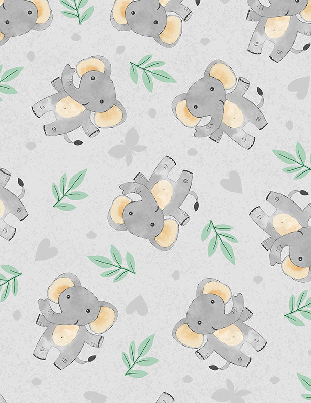 Safari Snuggles Baby Quilt Fabric Elephant Toss Gray by Jenny Faw 3073 42030 997 - Jammin Threads