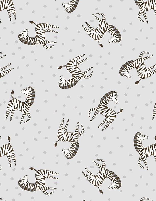 Safari Snuggles Baby Quilt Fabric Zebra Toss Gray by Jenny Faw 3073 42031 991 - Jammin Threads