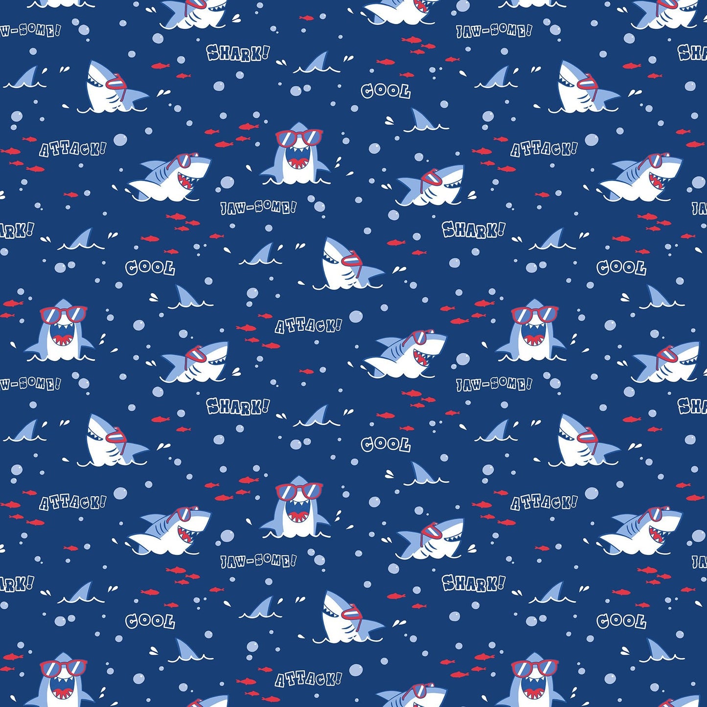 Shark Attack Children's Quilt Fabric 28857 - 48 Shark Heads by Northcott. - Jammin Threads