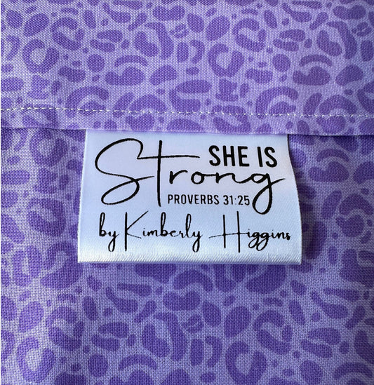 She is Strong. Proverbs 31:25 Christian Satin Labels and Tags - Jammin Threads