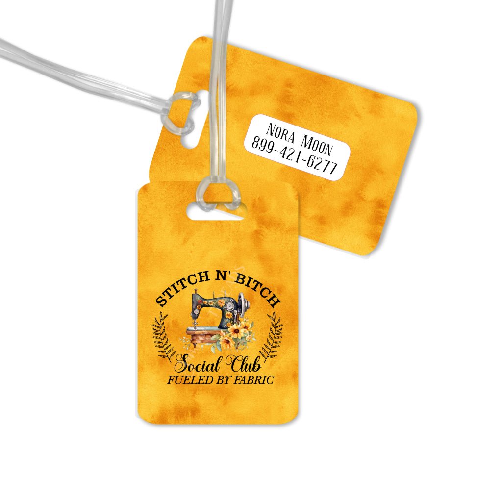 Stitch N Bitch Social Club. Funny personalized luggage tag for quilters and sewists - Jammin Threads