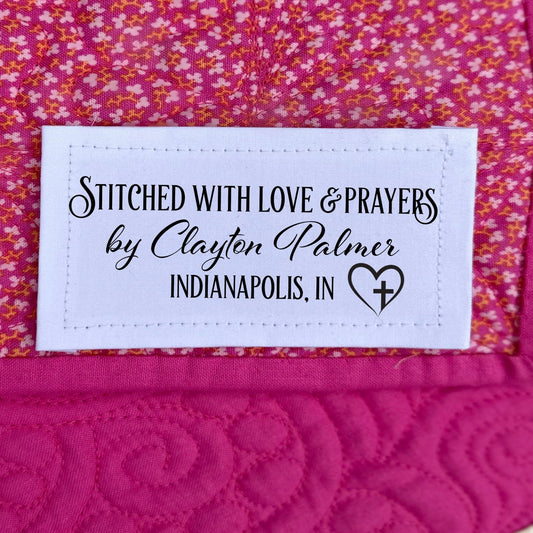 Stitched with Love & Prayers. Sheet of 8 Quilt Labels. 3 x 1" - Jammin Threads