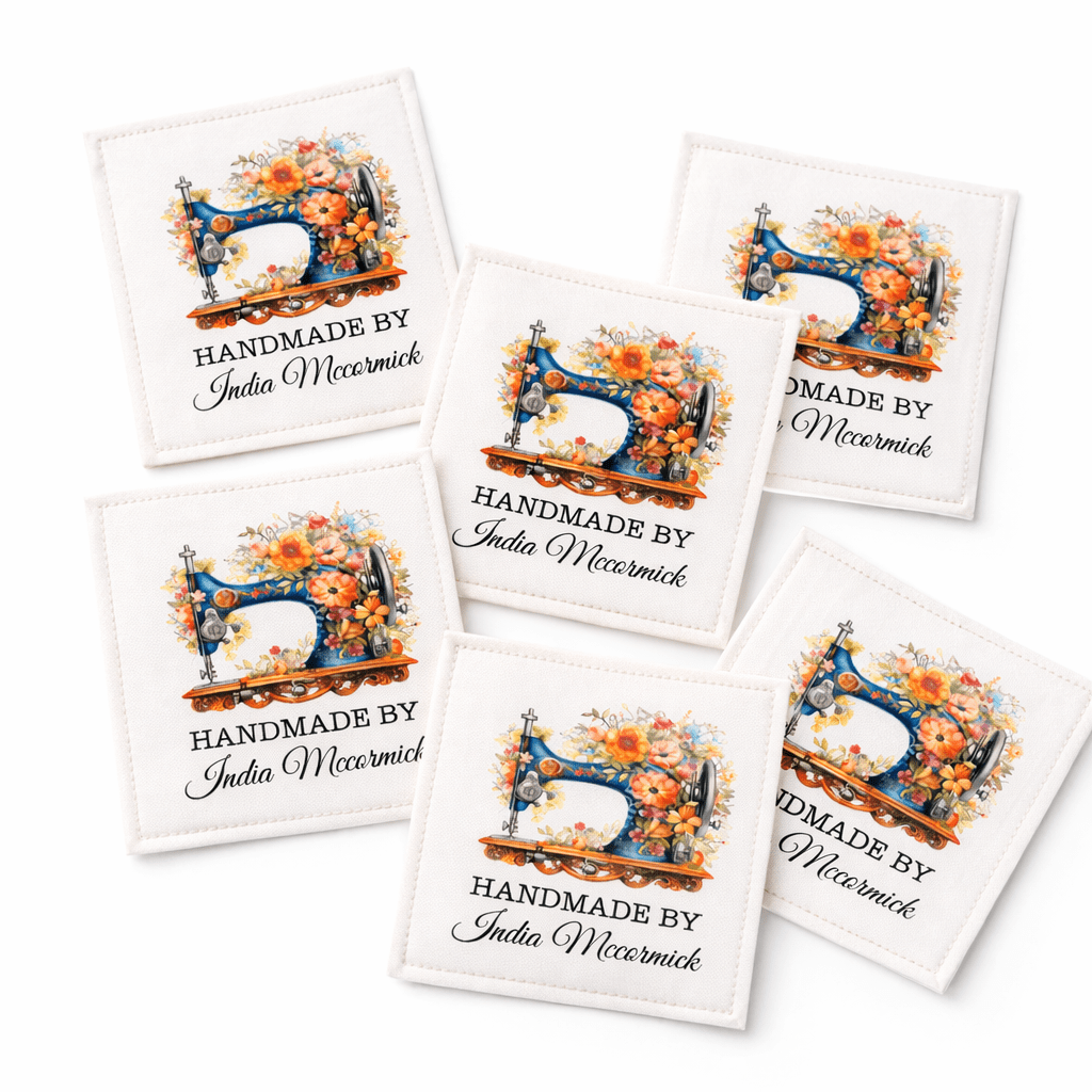 Vintage Sewing Machine Quilt Label – Personalized Handmade By Label with Floral Design – Custom Quilter Name Tag (Set of 6) - Jammin Threads