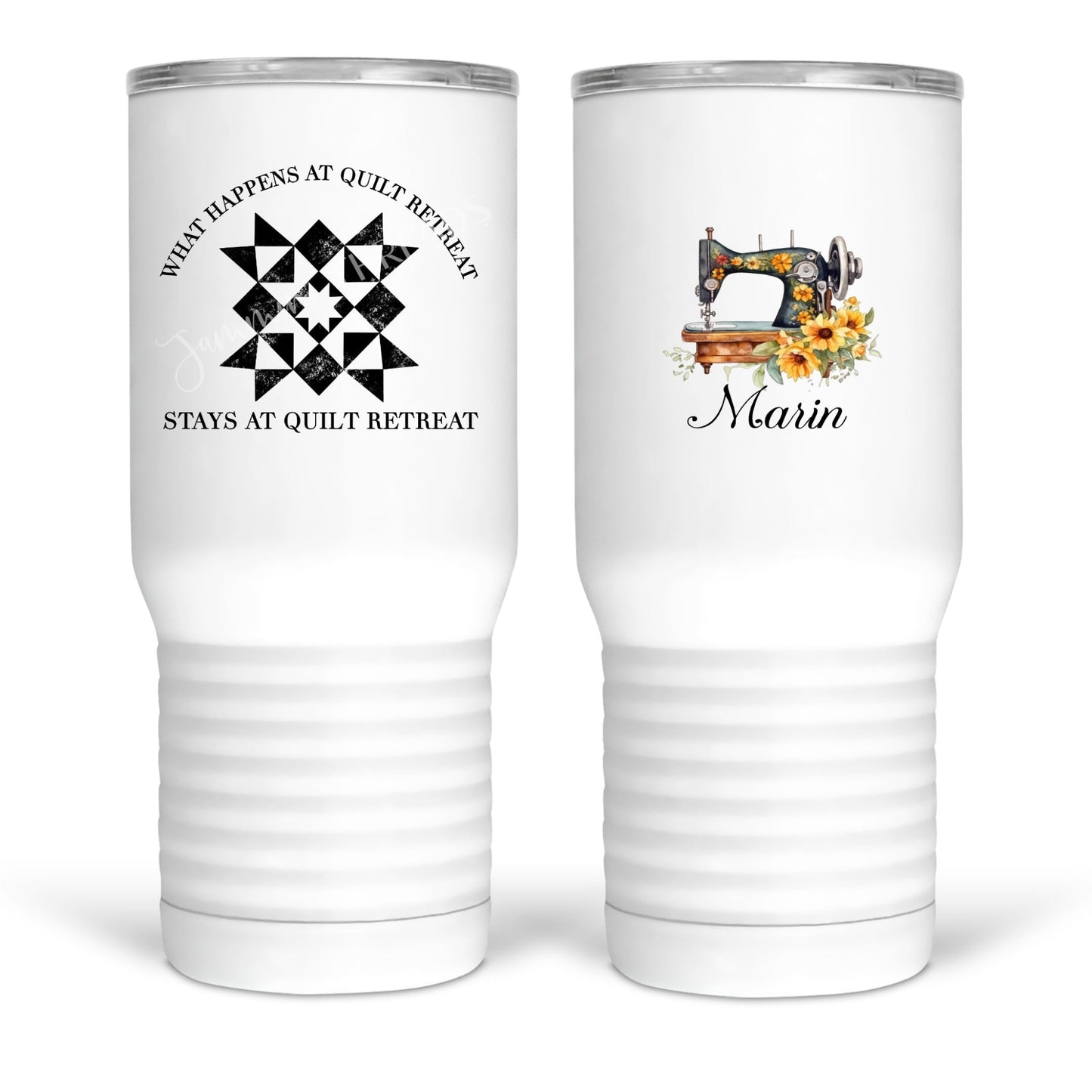What Happens at Quilt Retreat, Stays at Quilt Retreat. Funny quilting mugs and tumblers - Jammin Threads