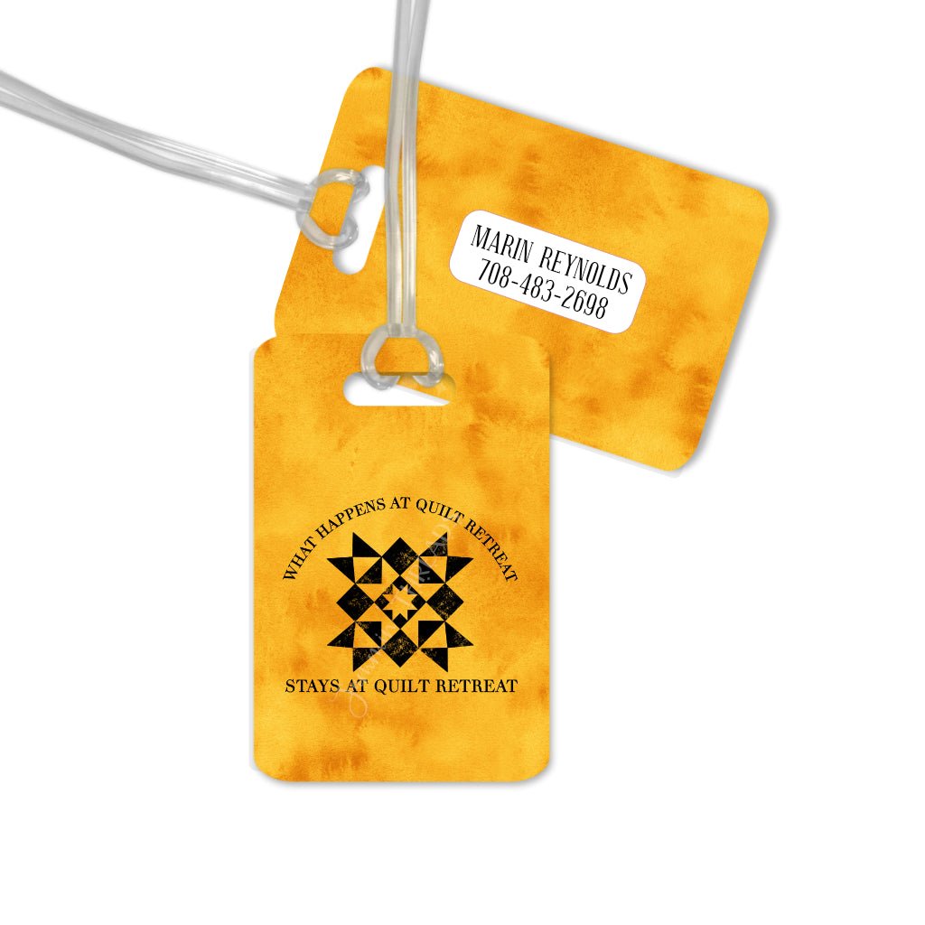 What Happens at Quilt Retreat Stays at Quilt Retreat Luggage tag for quilters - Jammin Threads