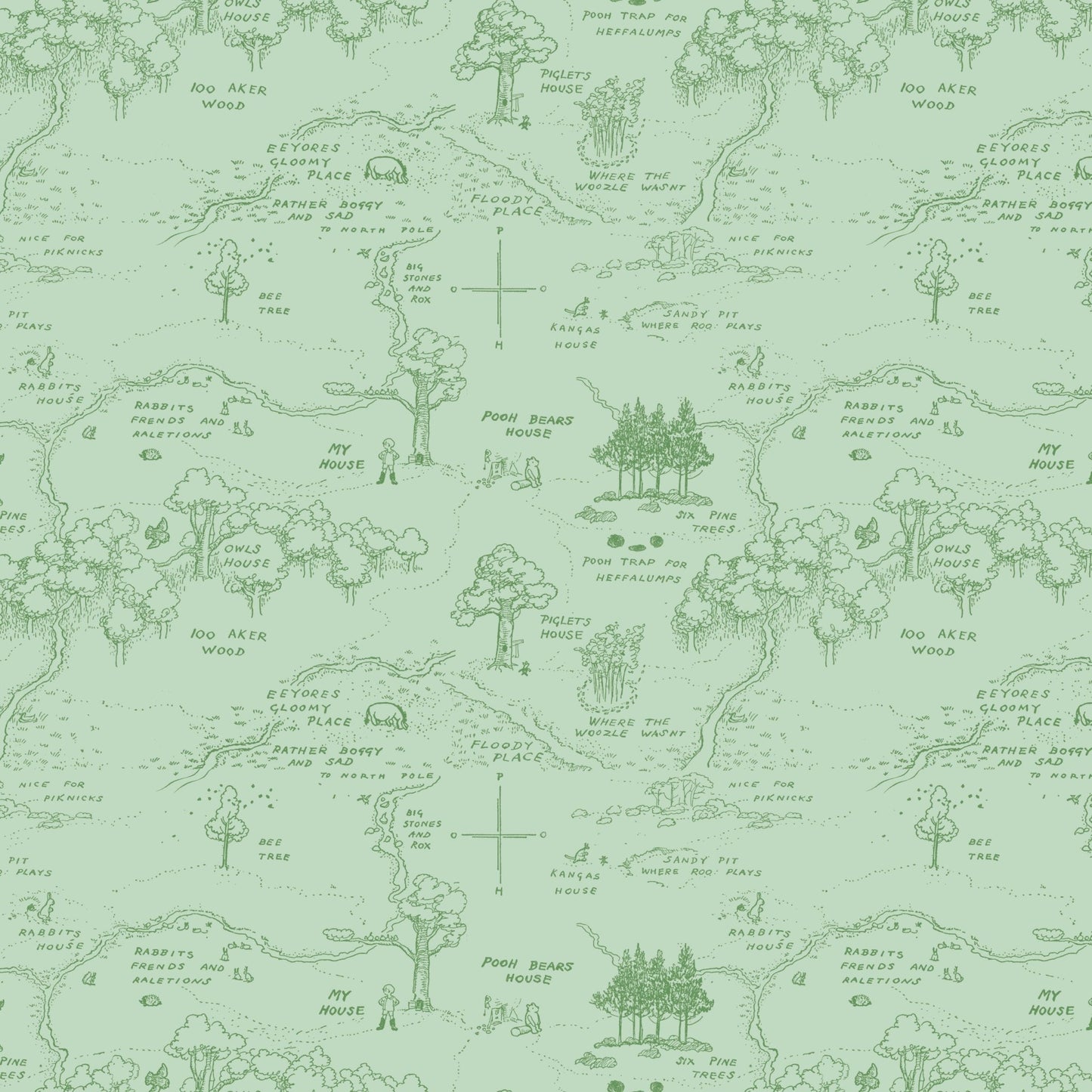 Winnie the Pooh Quilt Fabric Map C17001 - GREEN by Echo Park Paper Co. - Jammin Threads