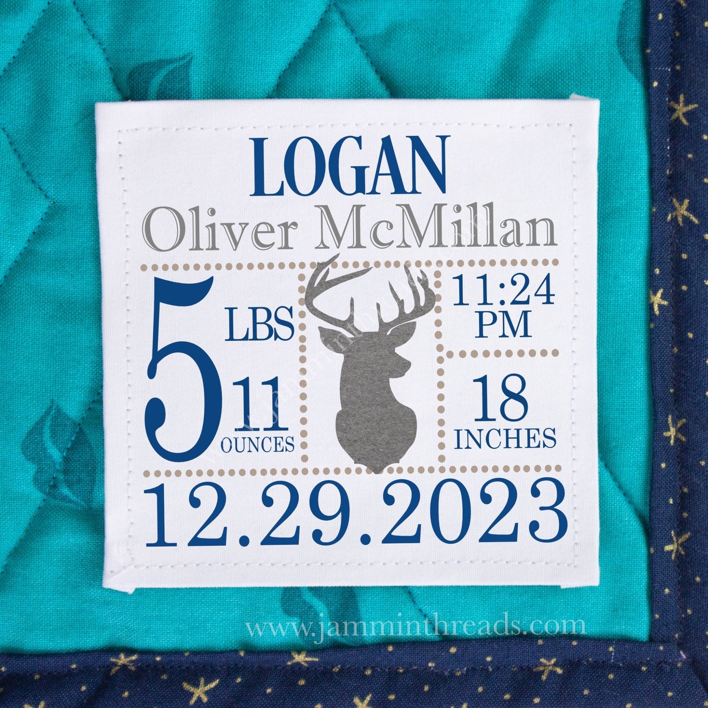 Woodland Baby Birth Announcement Quilt Label – Personalized Deer Quilt Label with Birth Stats – 5 x 5 – Cotton or Polyester - Jammin Threads