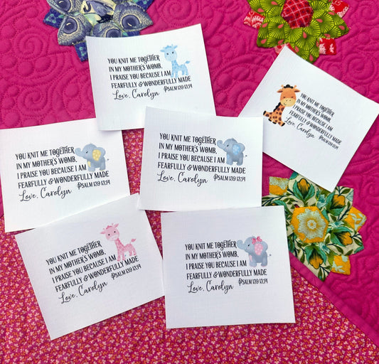 Baby Quilt Labels - Assorted Giraffe and Elephant Personalized Quilt Labels - Jammin Threads