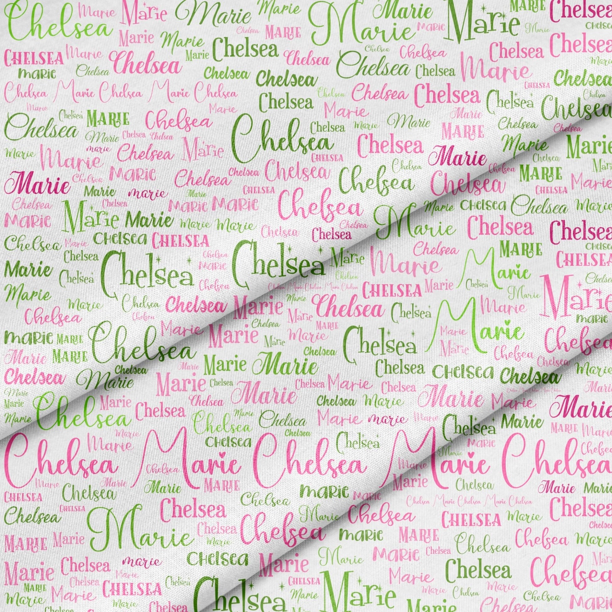 Custom fabric panel 12 X 18" with pink and green lettering. - Jammin Threads