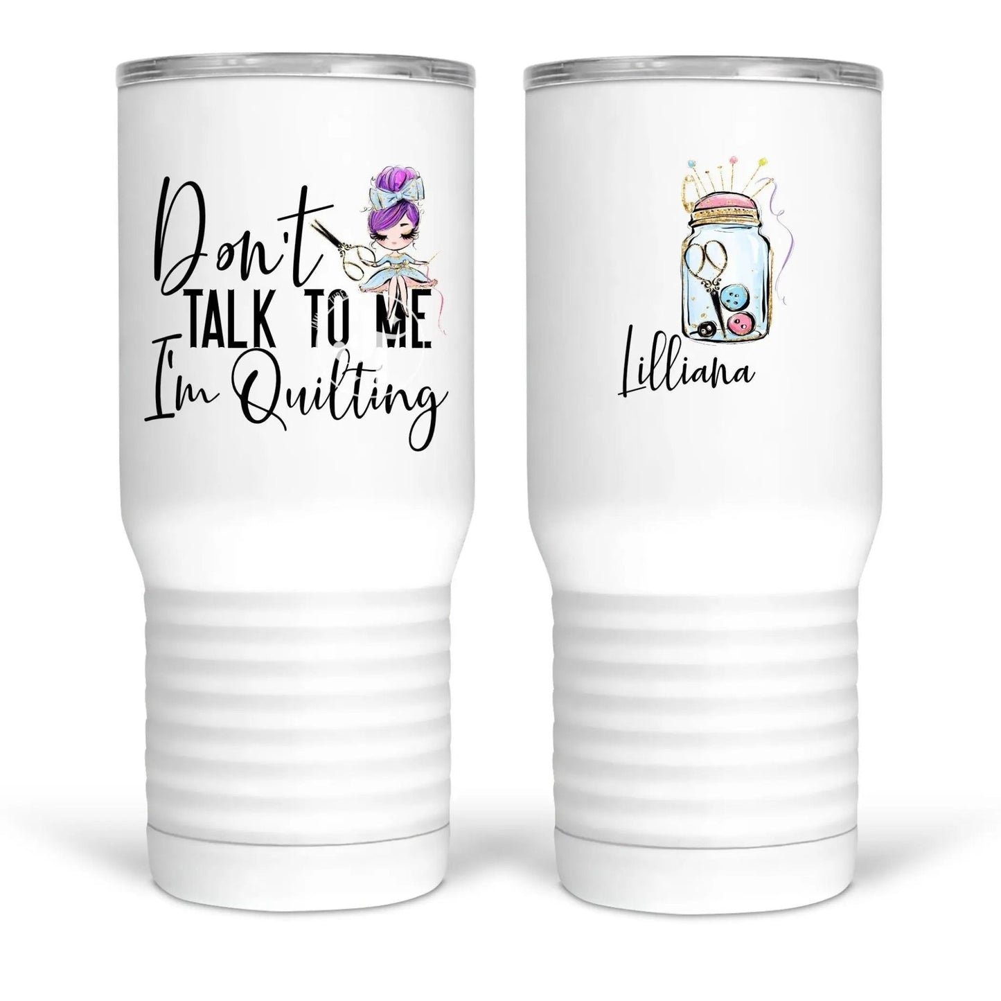 Don't Talk to Me, I'm Quilting. Funny, personalized quilting mugs and tumblers - Jammin Threads