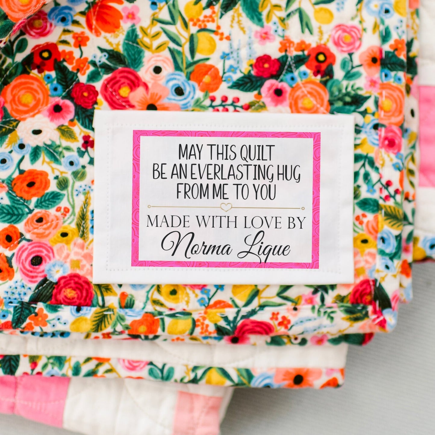 May this Quilt be An Everlasting Hug from Me to You. Handmade quilt labels - Jammin Threads