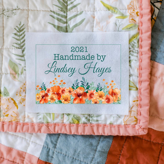 Floral Quilt Labels. Personalized quilt labels on cotton or polyester sew-on fabric - Jammin Threads