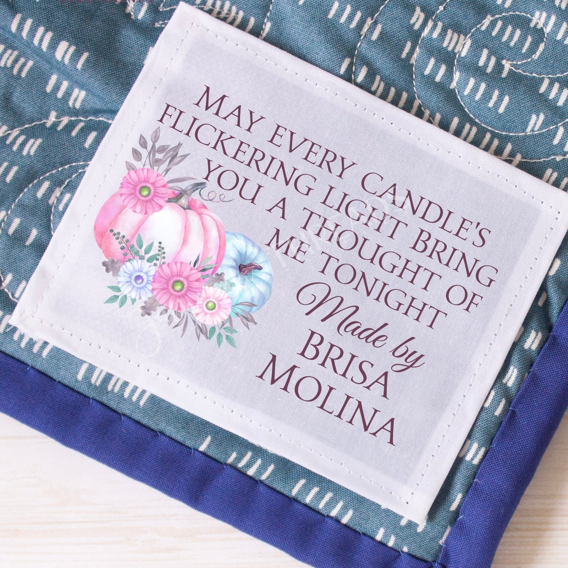 May Every Candle's Flickering Light Bring You A Though of Me Tonight. Personalized Halloween quilt labels - Jammin Threads