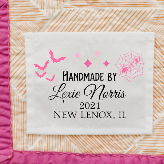 Halloween quilt labels personalized with a name, year and location - Jammin Threads