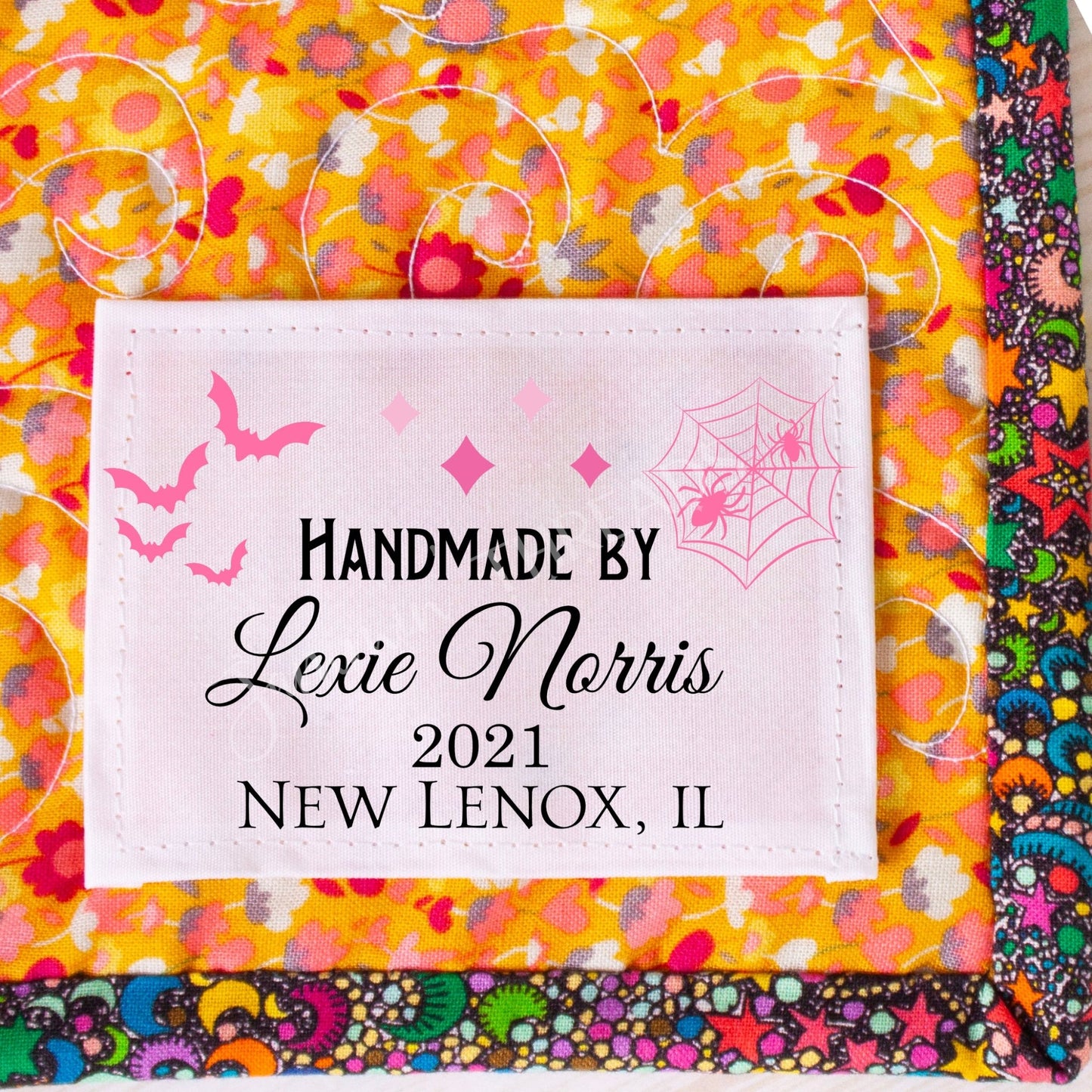 Halloween quilt labels personalized with a name, year and location - Jammin Threads