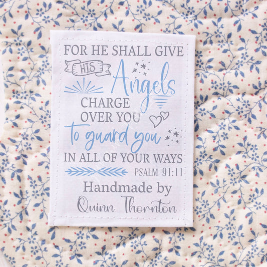 Inspirational Quilt Labels - Psalm 91:11 - Personalized Baby and Kid Quilt Labels - Jammin Threads